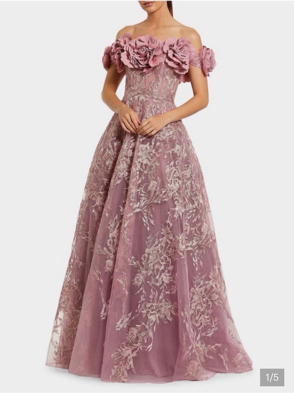 Mac Duggal Dusty Mauve Off-Shoulder Floral Appliqué Gown